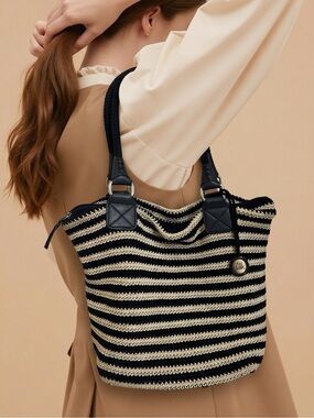The Sak Navy Blue Cream Striped Crochet BoHo Vibe Handbag Purse Tote